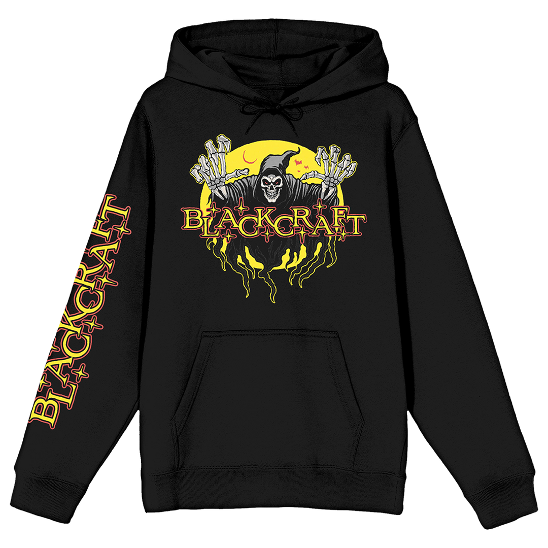 A classic black pullover hoodie with custom Blackcraft artwork on the front and along the sleeve. 