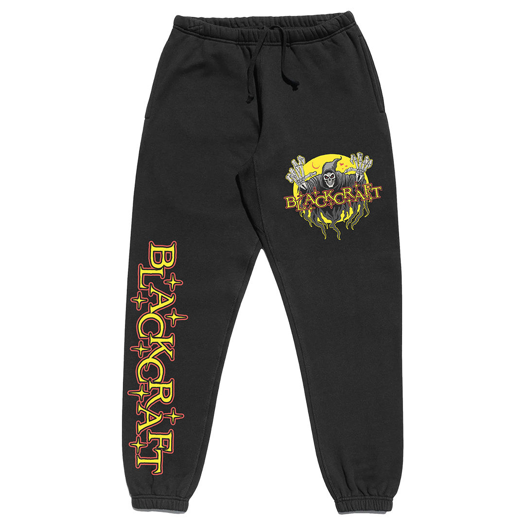Classic black sweatpants with custom Blackcraft artwork in yellow on the front. 