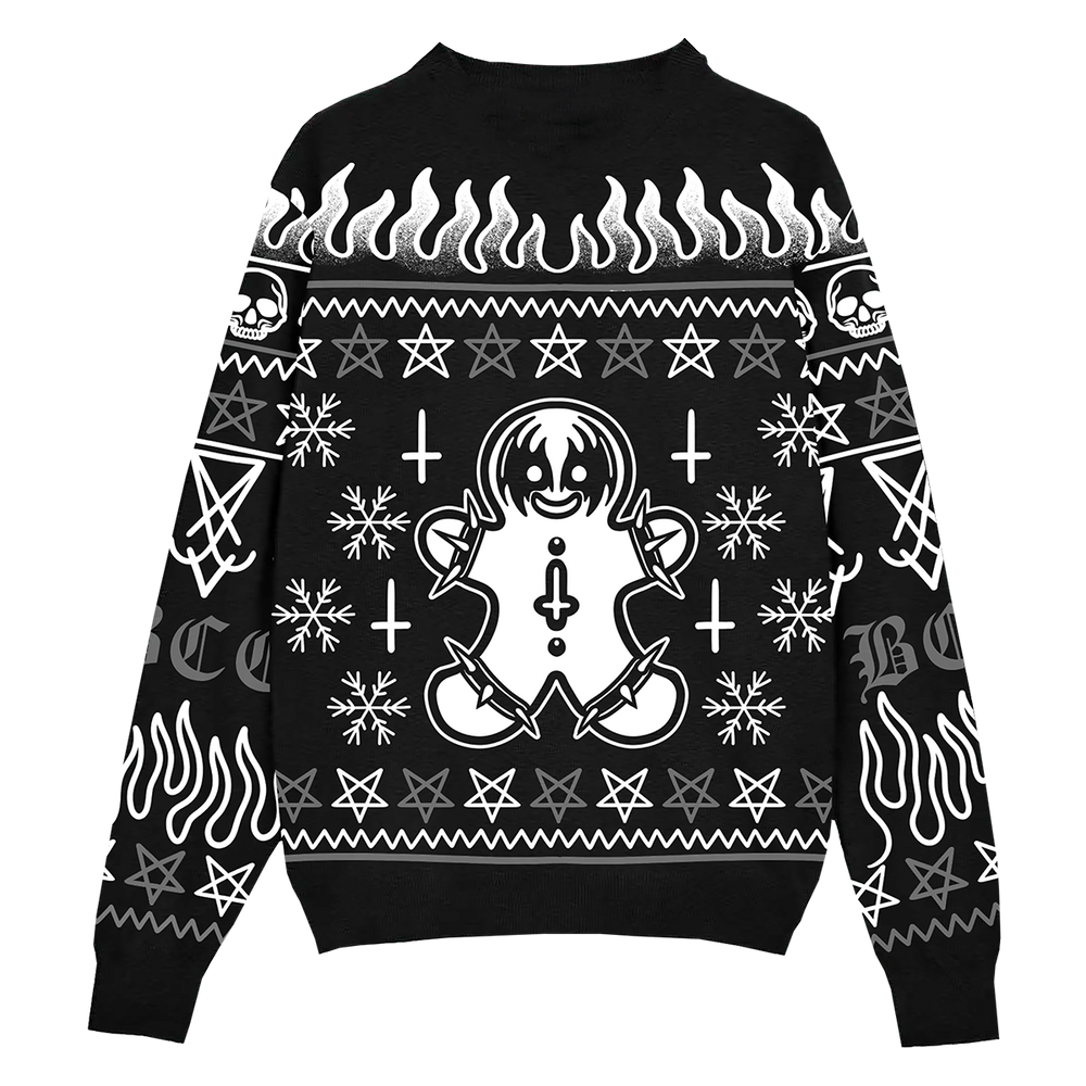 A black ugly Christmas sweater with a gothic design in white. With a spooky gingerbread man design crafted in a knit jacquard. A gothic holiday sweater with a crew neckline and long sleeves. 
