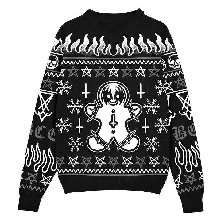 A black ugly Christmas sweater with a gothic design in white. With a spooky gingerbread man design crafted in a knit jacquard. A gothic holiday sweater with a crew neckline and long sleeves. 