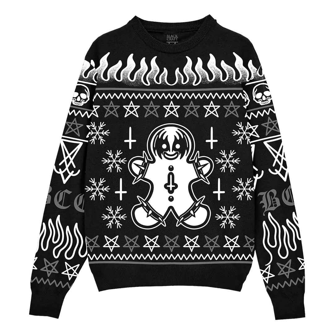 A black ugly Christmas sweater with a gothic design in white. With a spooky gingerbread man design crafted in a knit jacquard. A gothic holiday sweater with a crew neckline and long sleeves. 