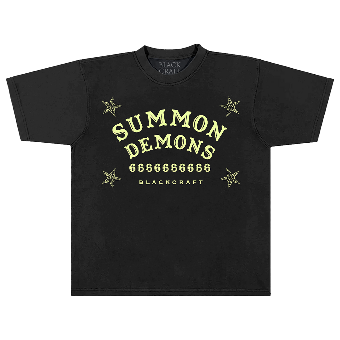 A max heavyweight black cotton tee with custom Blackcraft Ouija artwork on the front in glow in the dark print.