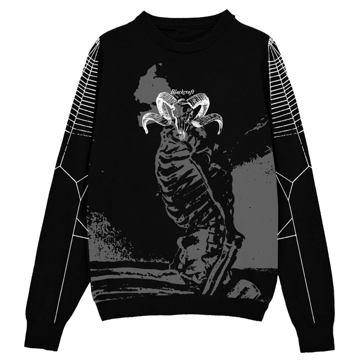 A black pullover sweater with a knit jacquard grey and white goat skeleton design.