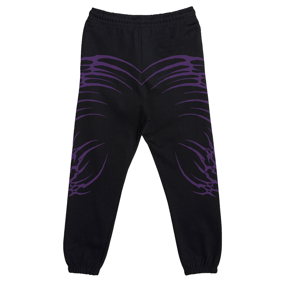 Black cotton sweatpants with custom Blackcraft artwork in purple and white along the front and back.  