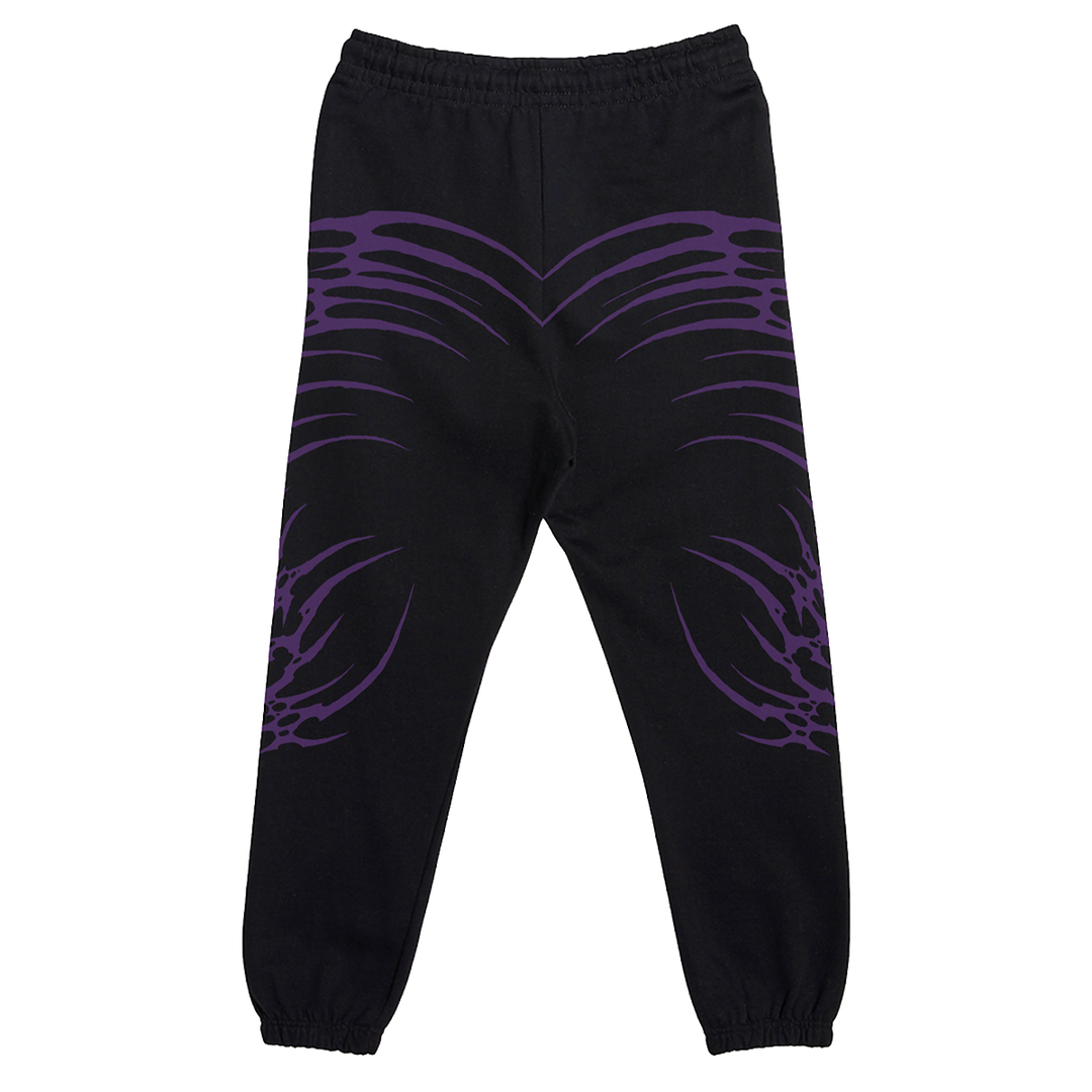 Black cotton sweatpants with custom Blackcraft artwork in purple and white along the front and back.  