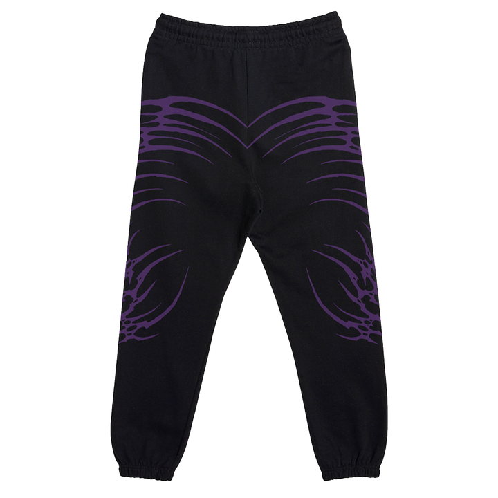 Black cotton sweatpants with custom Blackcraft artwork in purple and white along the front and back.  