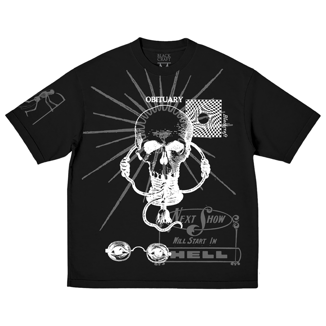 A heavyweight oversized black tee with custom artwork on the front and right sleeve, from Blackcraft.