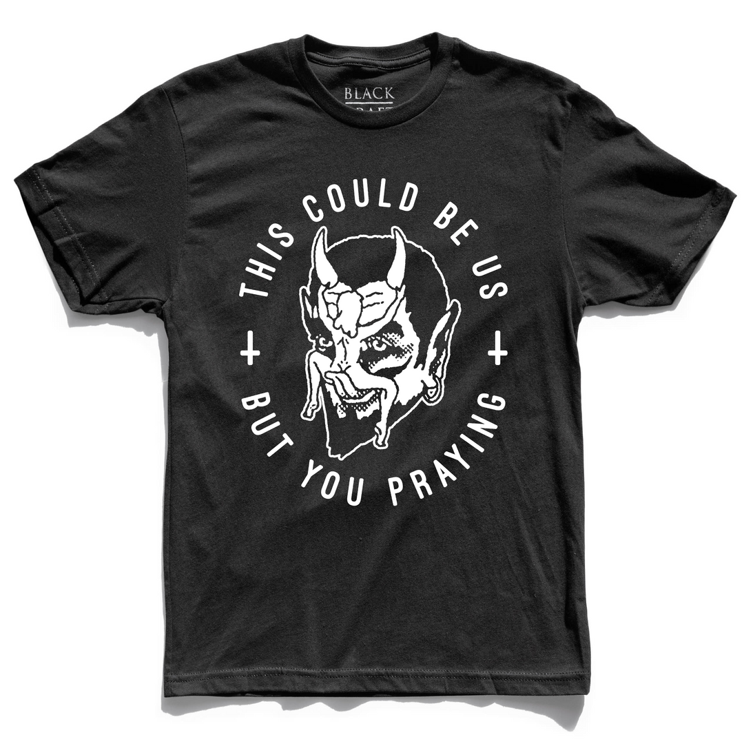 Black t-shirt with white graphic and text 