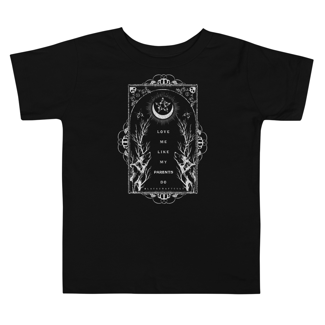 Black t-shirt with white graphic design