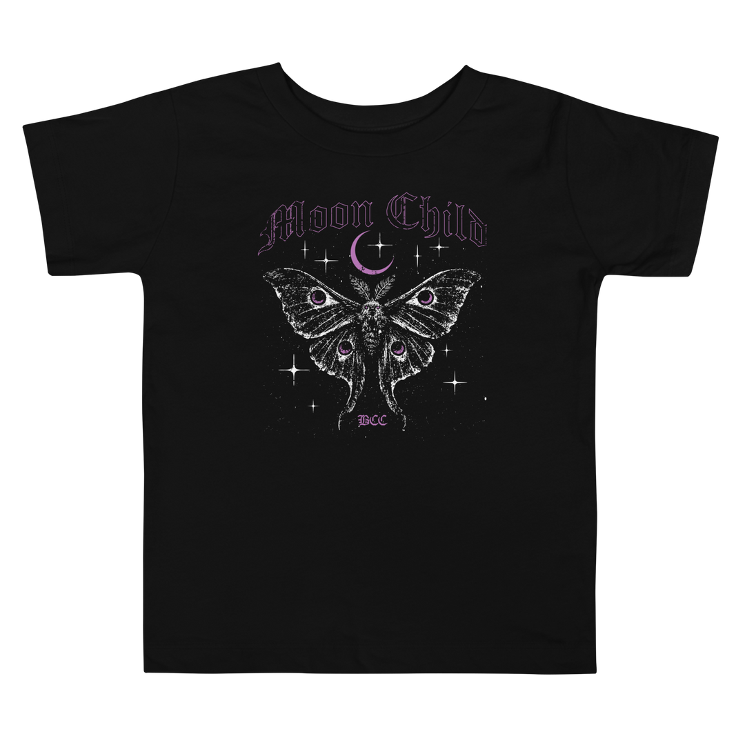 Black t-shirt with a butterfly graphic and 'Moon Child' text 