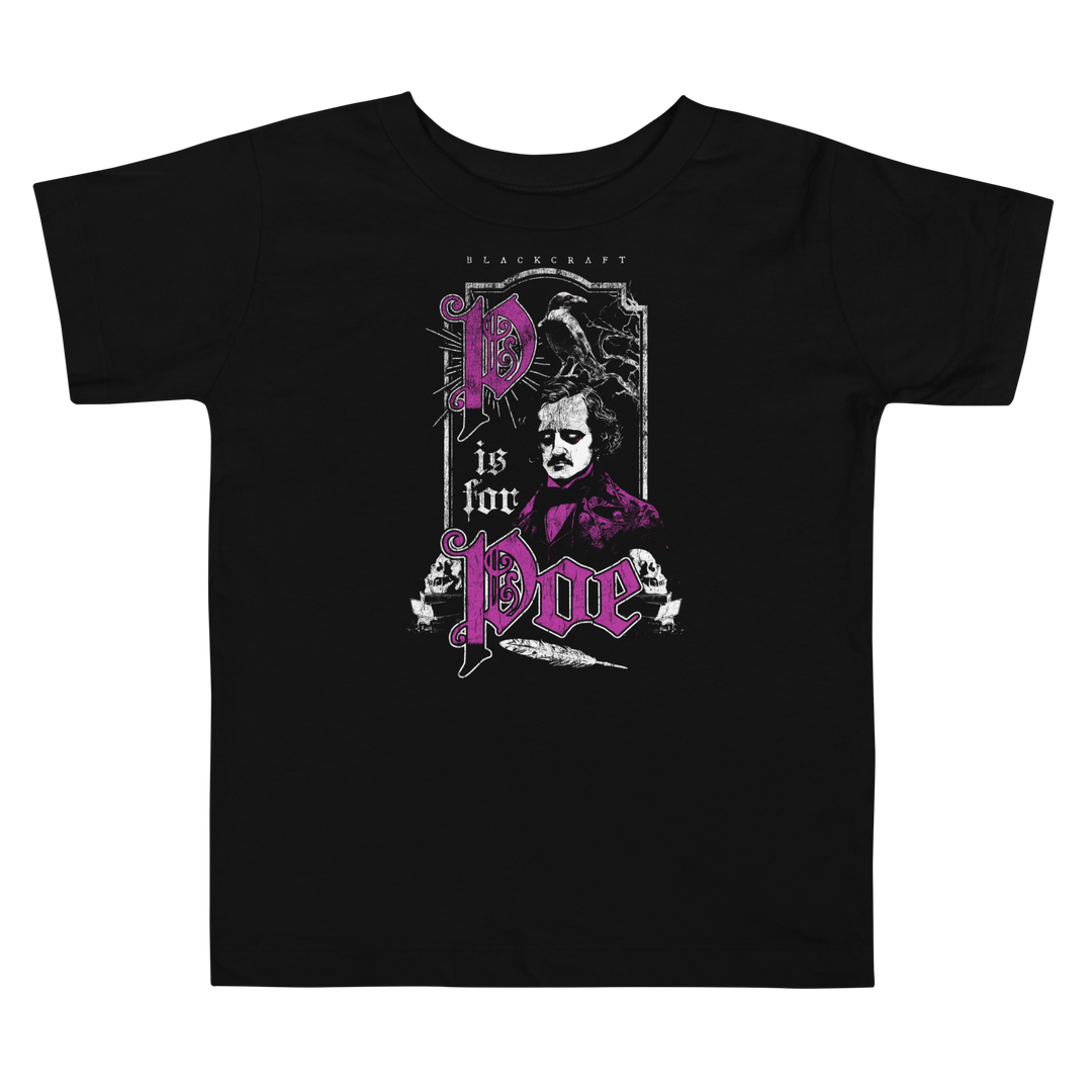 Black t-shirt with a graphic design featuring purple and white Poe text and a silhouette 