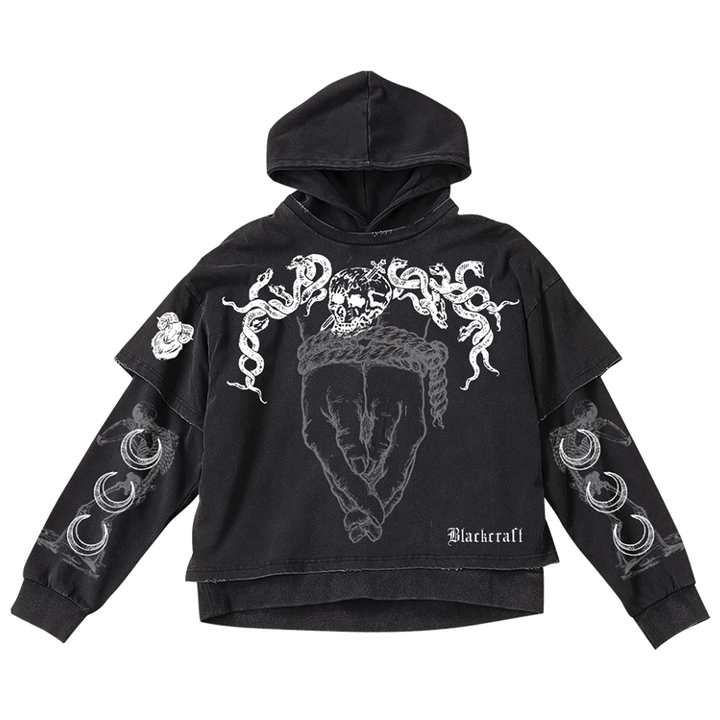 A washed black long sleeve twofer pullover hoodie with custom Blackcraft artwork on the front and along the sleeves.