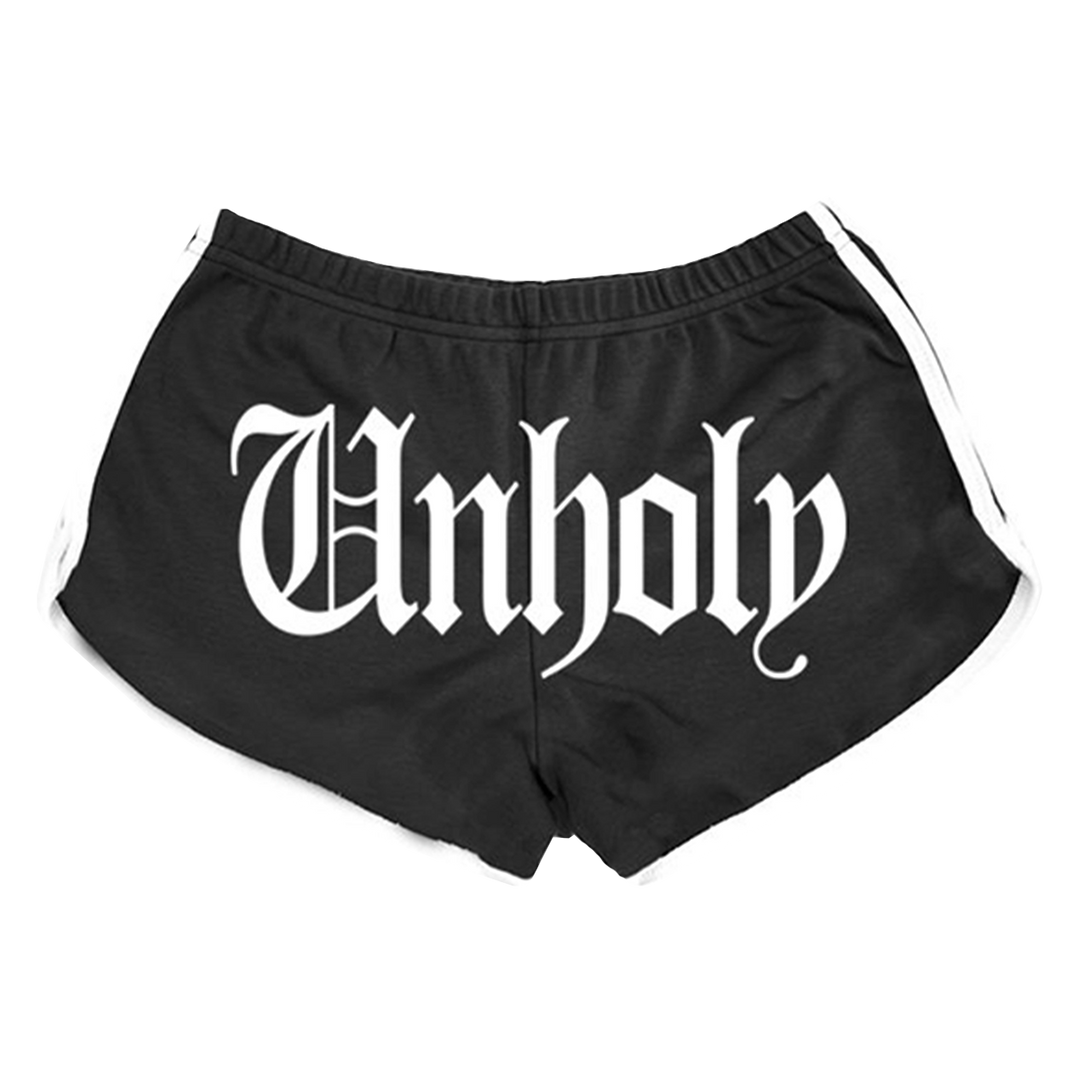 Classic black running shorts with Unholy artwork and white piping, from Blackcraft.
