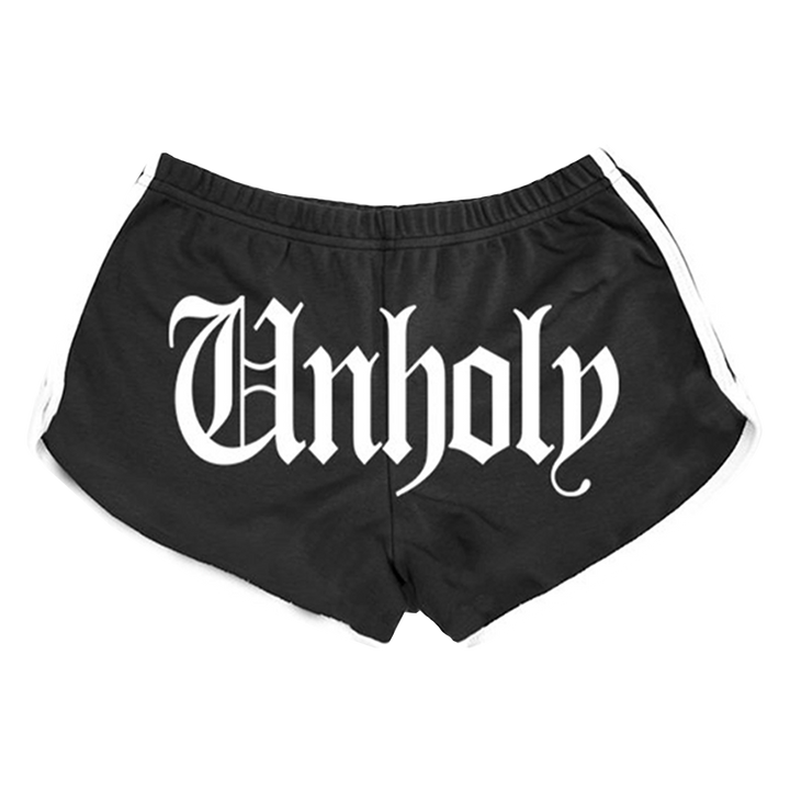 Classic black running shorts with Unholy artwork and white piping, from Blackcraft.