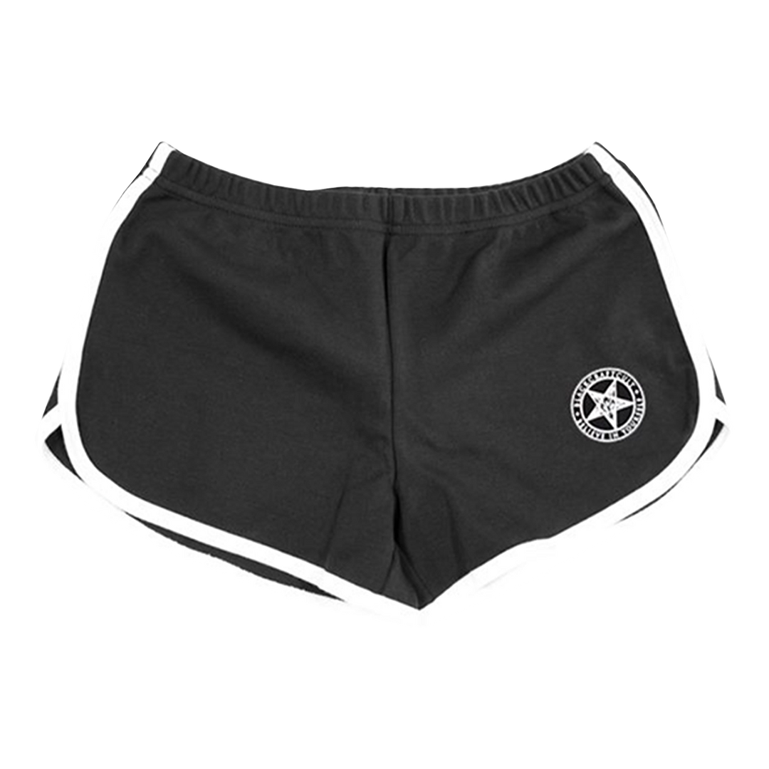 Classic black running shorts with Unholy artwork and white piping, from Blackcraft.