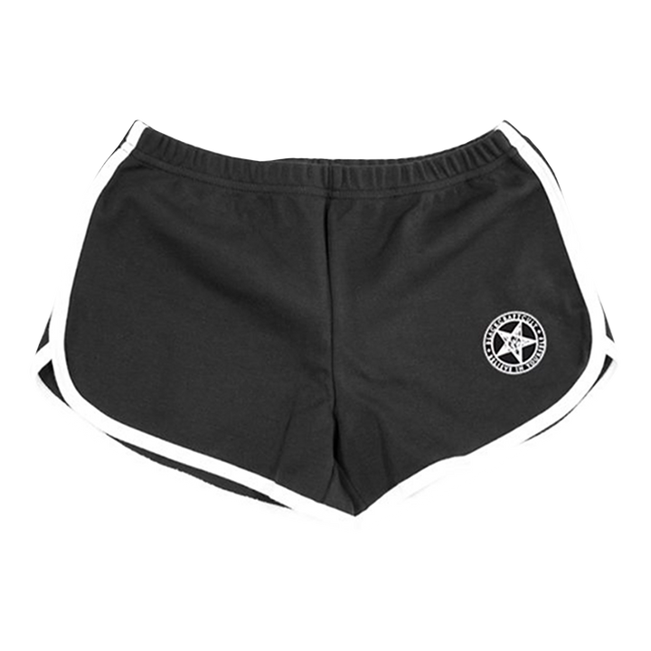 Classic black running shorts with Unholy artwork and white piping, from Blackcraft.