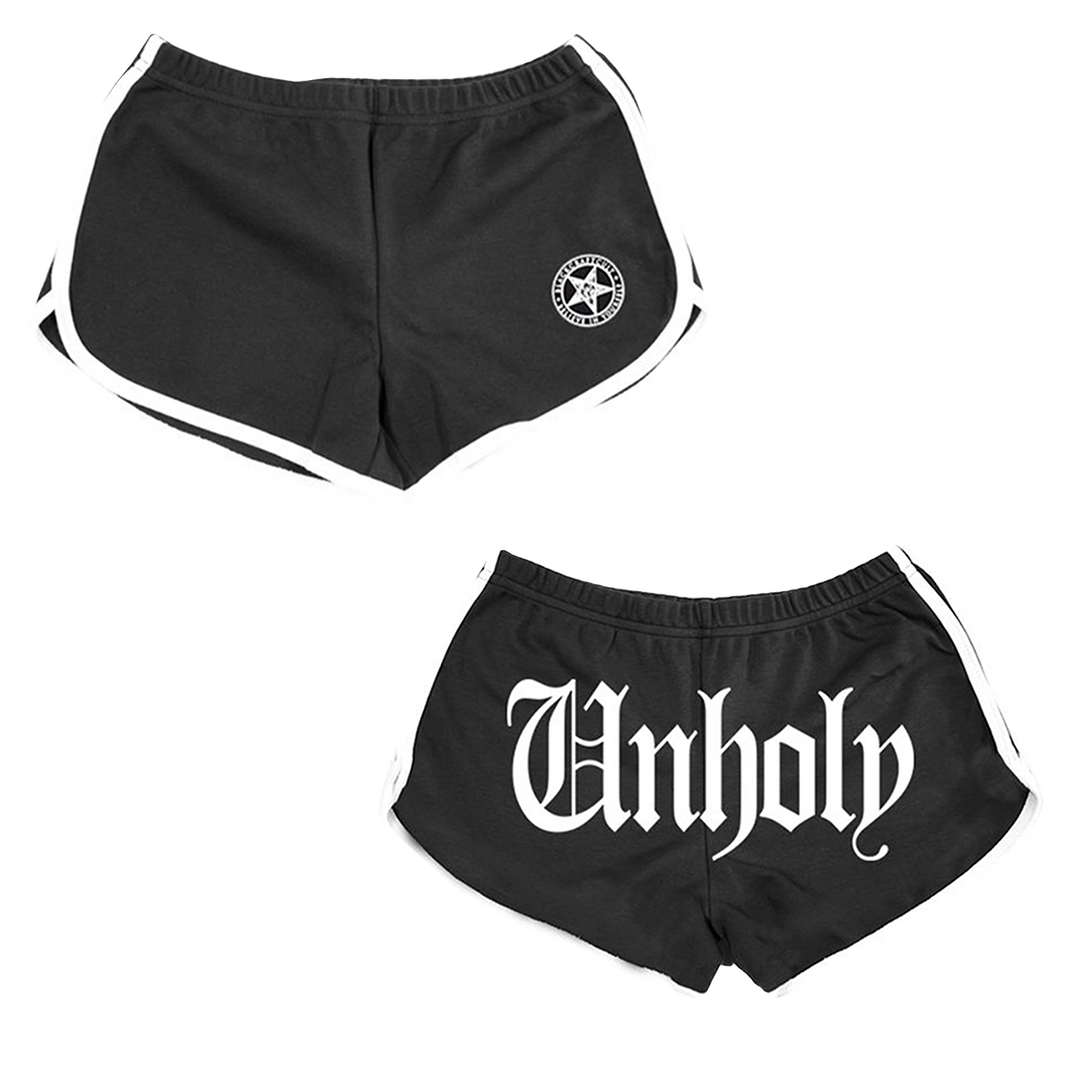 Classic black running shorts with Unholy artwork and white piping, from Blackcraft.