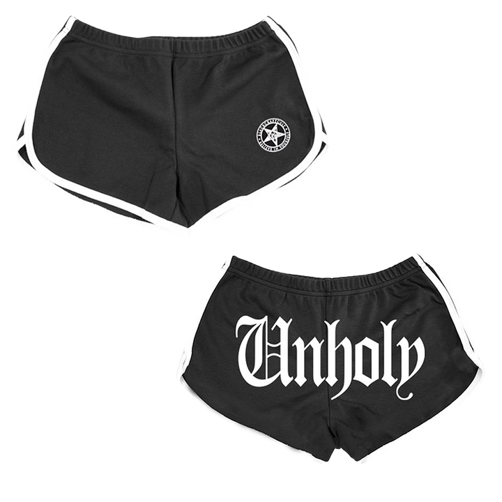Classic black running shorts with Unholy artwork and white piping, from Blackcraft.