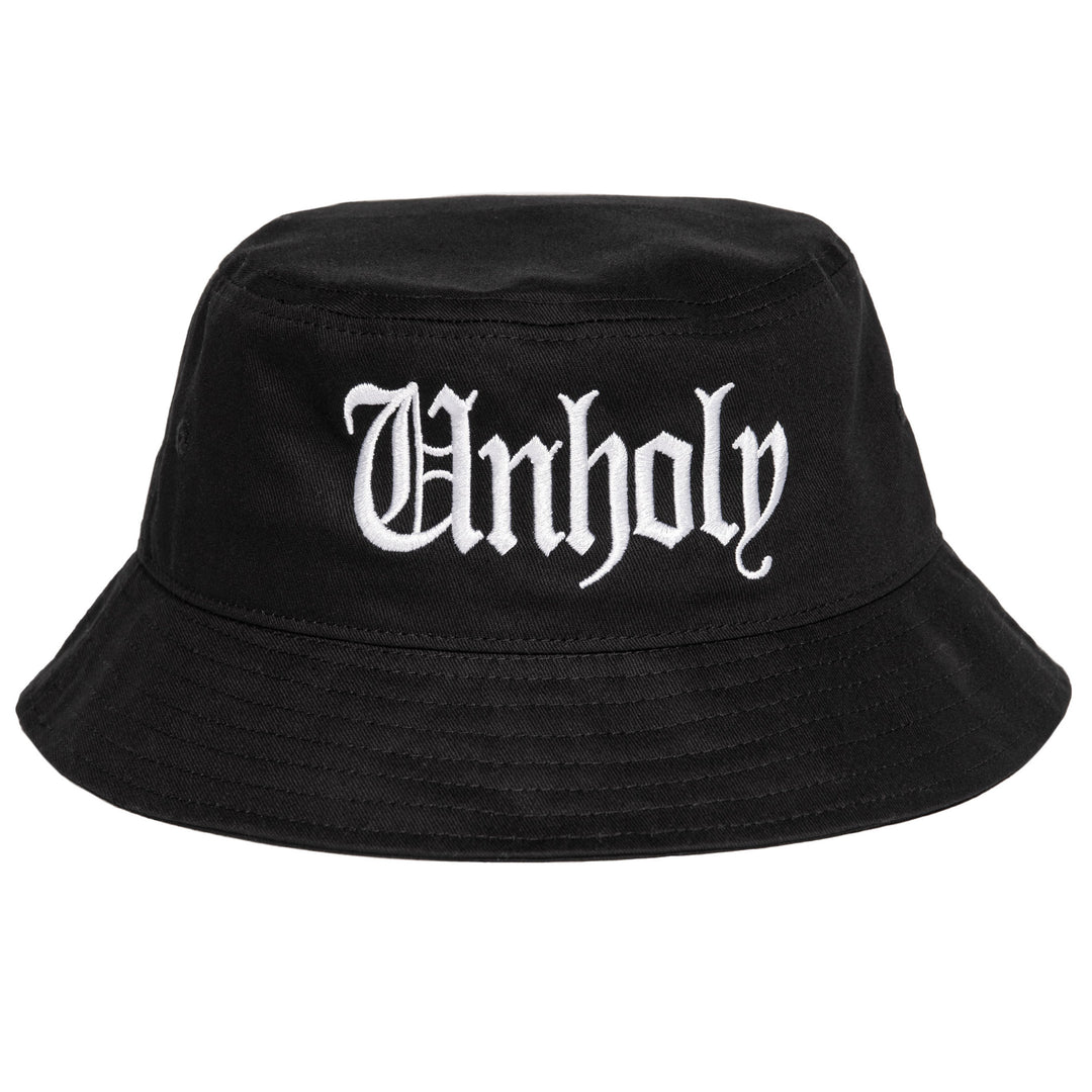 A classic black cotton bucket hat with Unholy embroidered across the front, from Blackcraft.