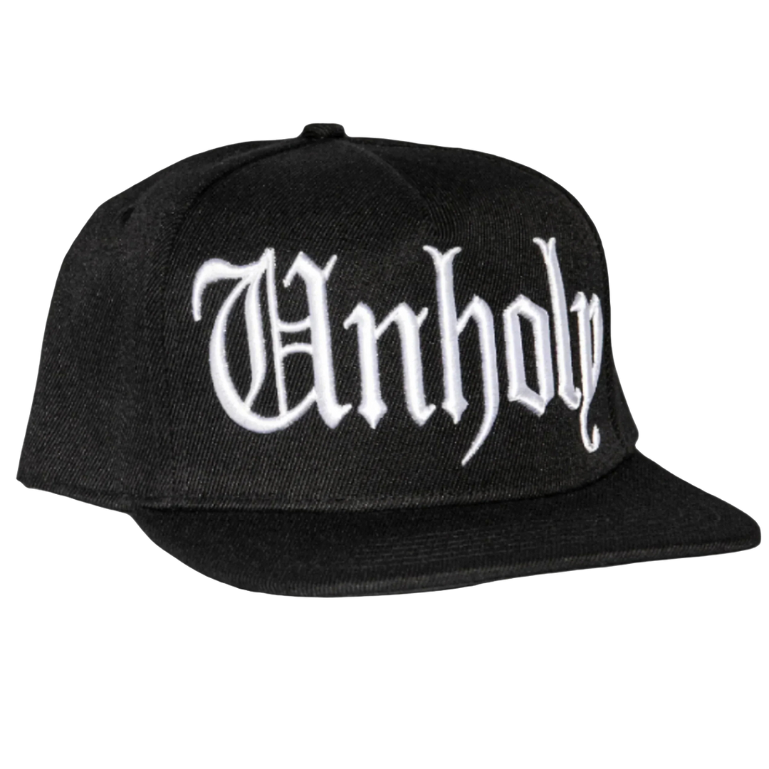 A classic black baseball cap with Unholy embroidered across the front.