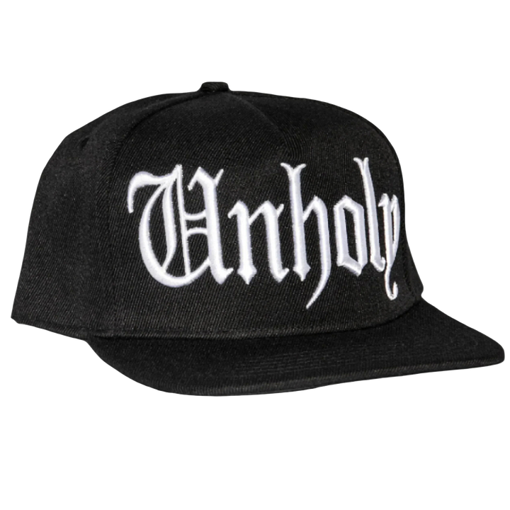 A classic black baseball cap with Unholy embroidered across the front.