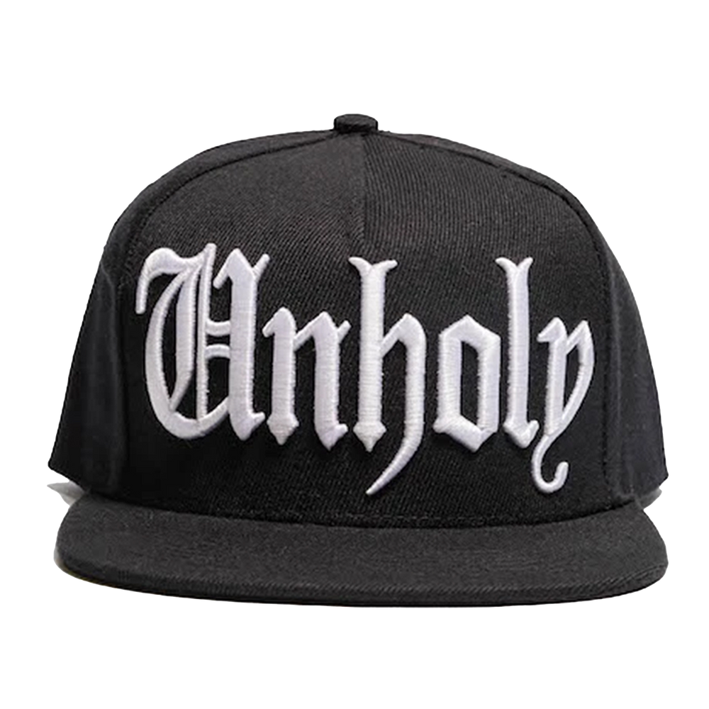 A classic black baseball cap with Unholy embroidered across the front.