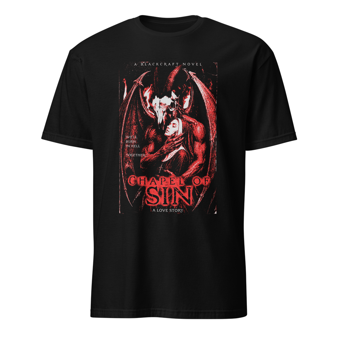 A classic black cotton short sleeve tee with custom Blackcraft artwork in red across the front. 