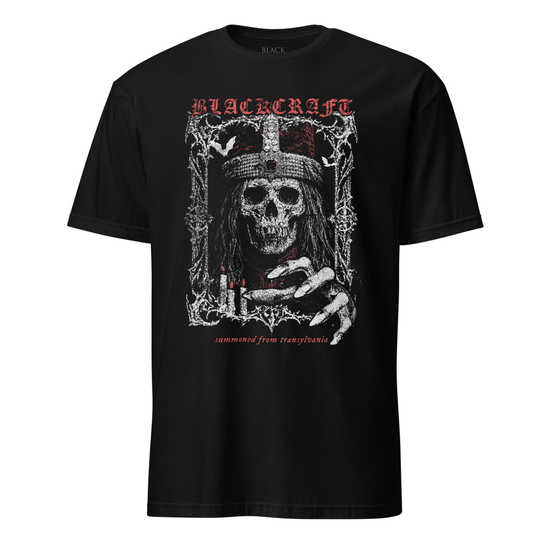 Black t-shirt with a skull and text design in white and red