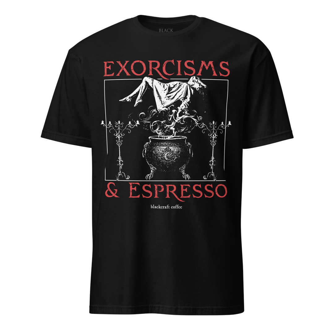 Black t-shirt with graphic design and text 'Exorcisms & Espresso' in white and red