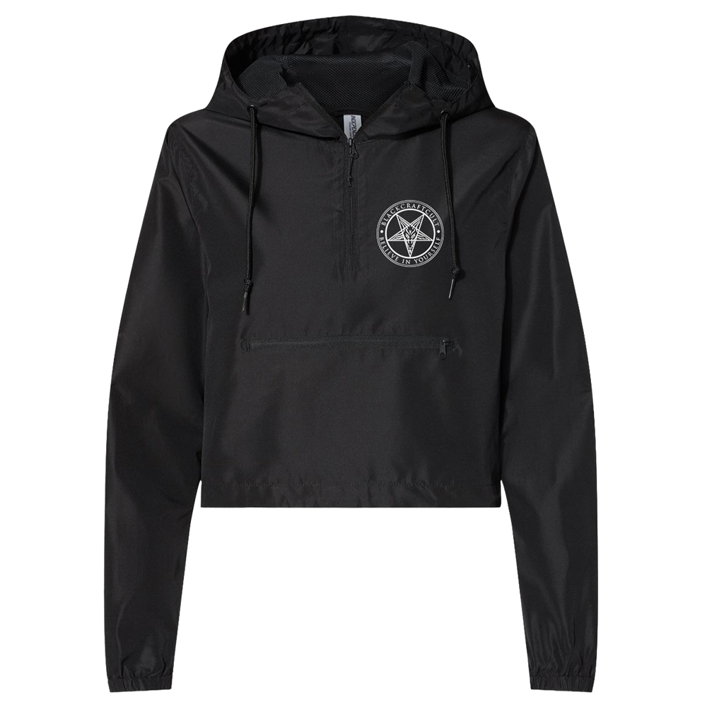A cropped black windbreaker with custom Blackcraft artwork on the front and back.