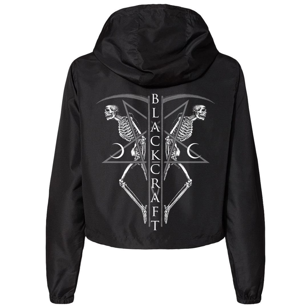 A cropped black windbreaker with custom Blackcraft artwork on the front and back.