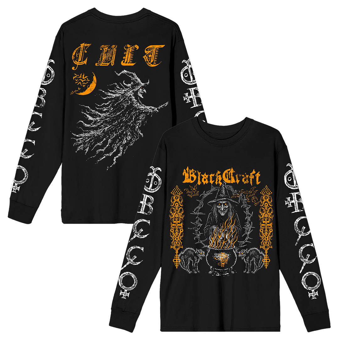A classic black cotton long sleeve tee with orange and white witch artwork, from Blackcraft.