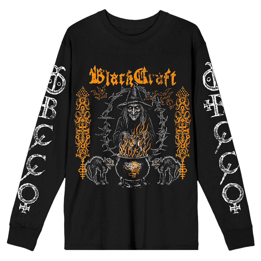 A classic black cotton long sleeve tee with orange and white witch artwork, from Blackcraft.
