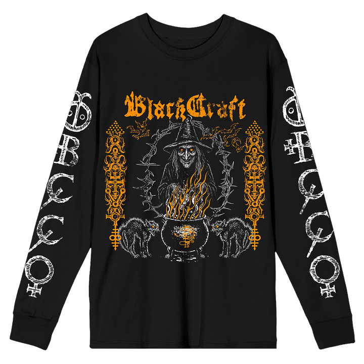 A classic black cotton long sleeve tee with orange and white witch artwork, from Blackcraft.