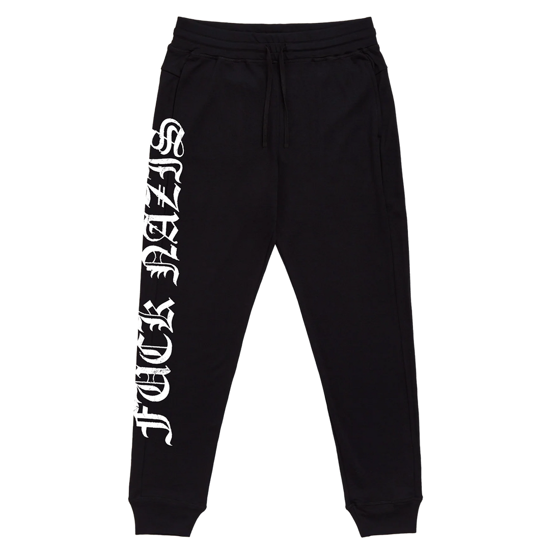 Classic black Womens joggers with custom Blackcraft artwork along the side of the leg. 