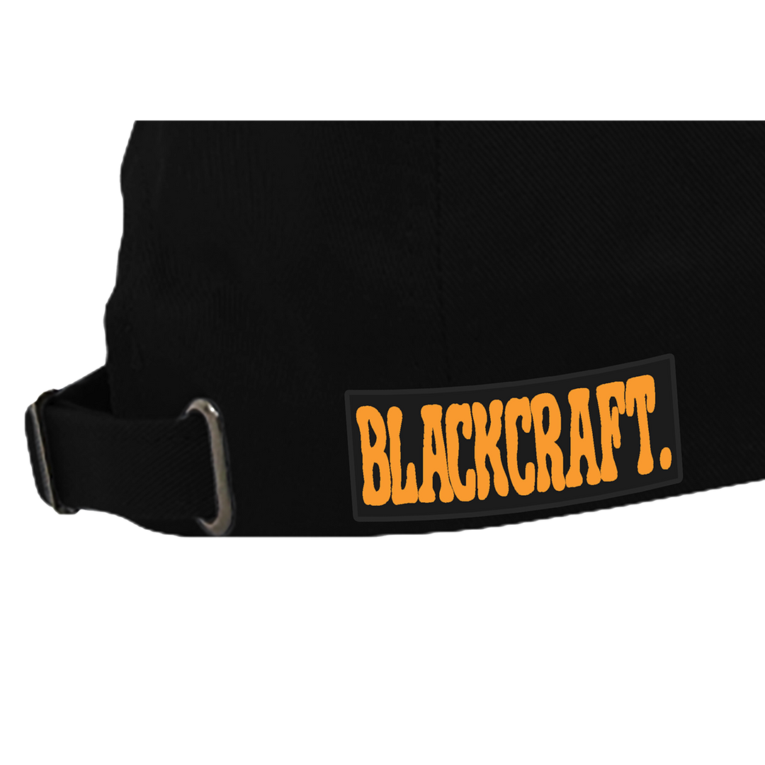 A classic black hat with an embroidered Raise Hell front and printed flame details along the brim.