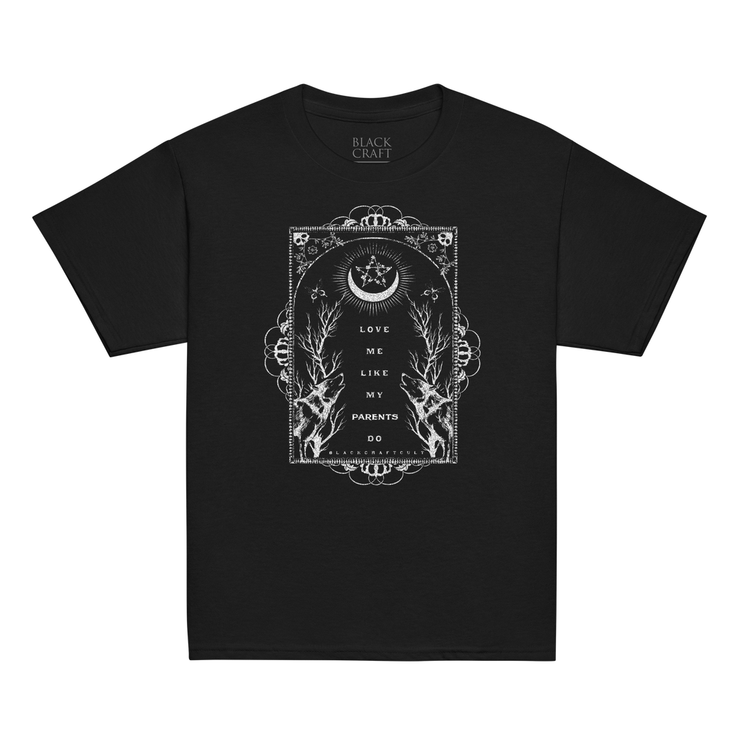 Black t-shirt with white graphic design