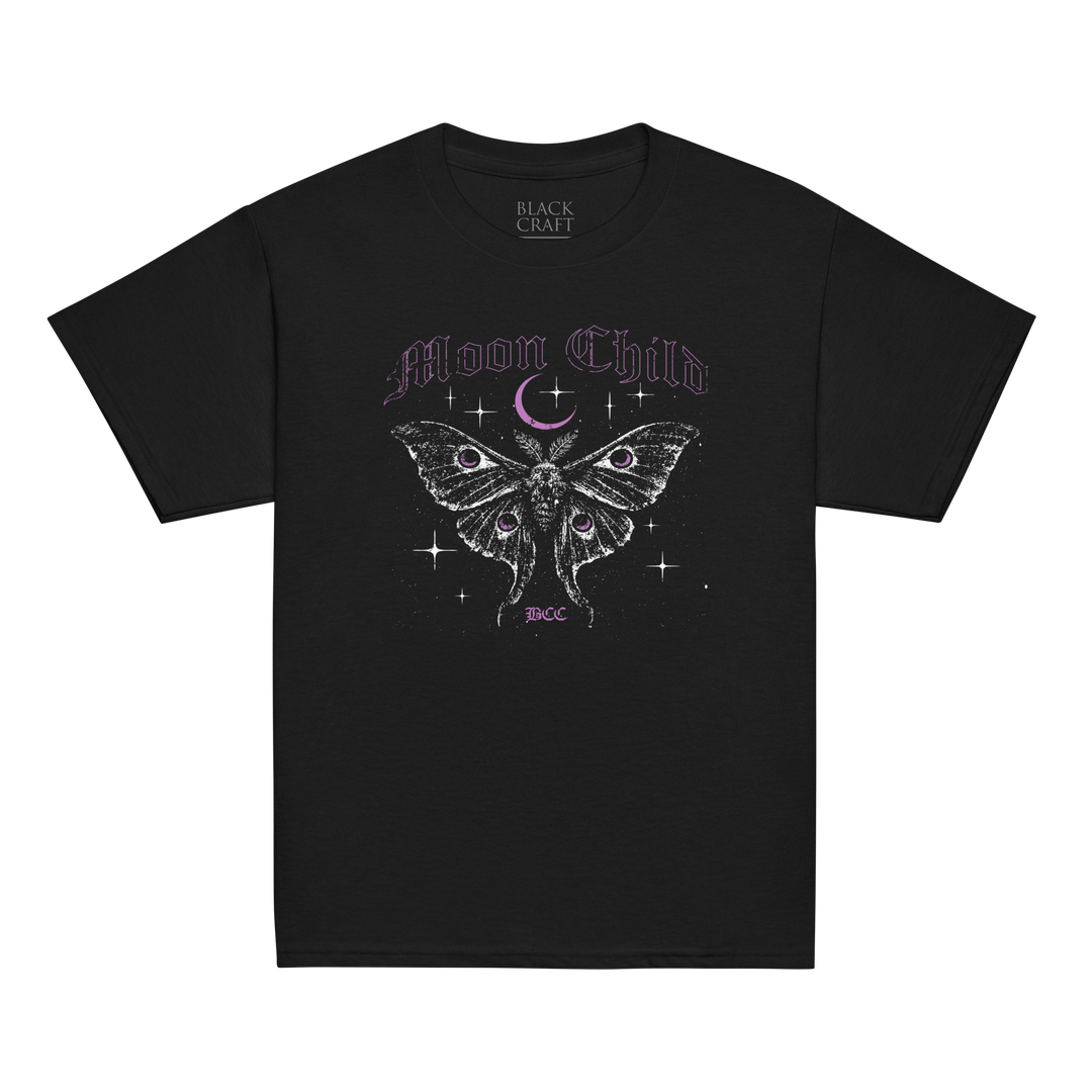 Black t-shirt with 'Moon Child' design featuring a butterfly and crescent moon 