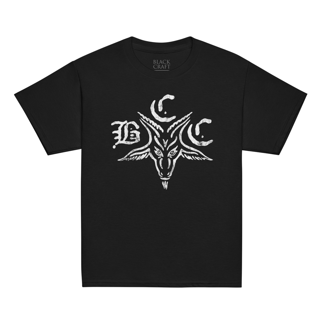 Black t-shirt with white goat head and BCC logo