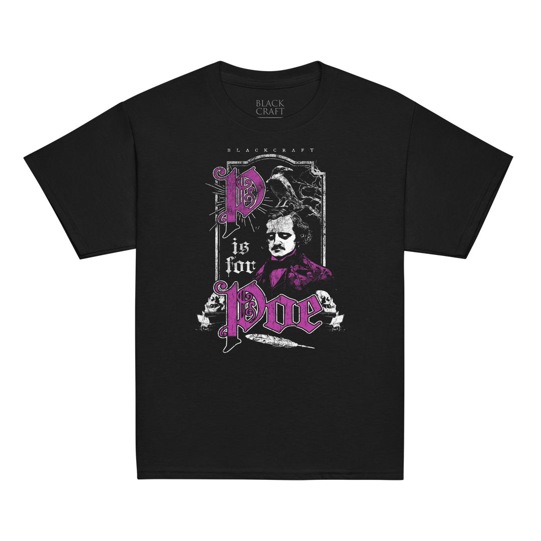 Black t-shirt with a purple Poe graphic design featuring text and an illustration