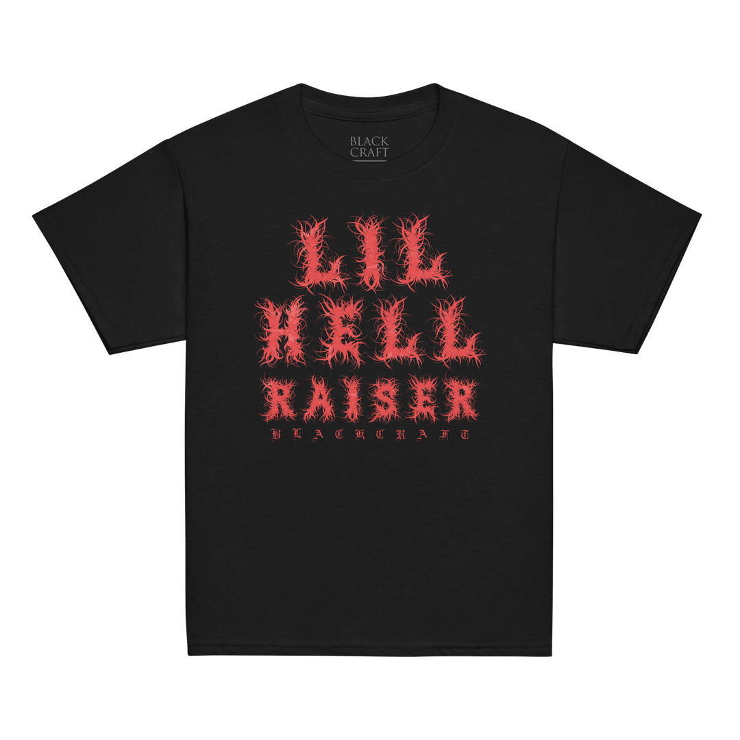 Black t-shirt with red text 'LIL HELL RAISER' 
