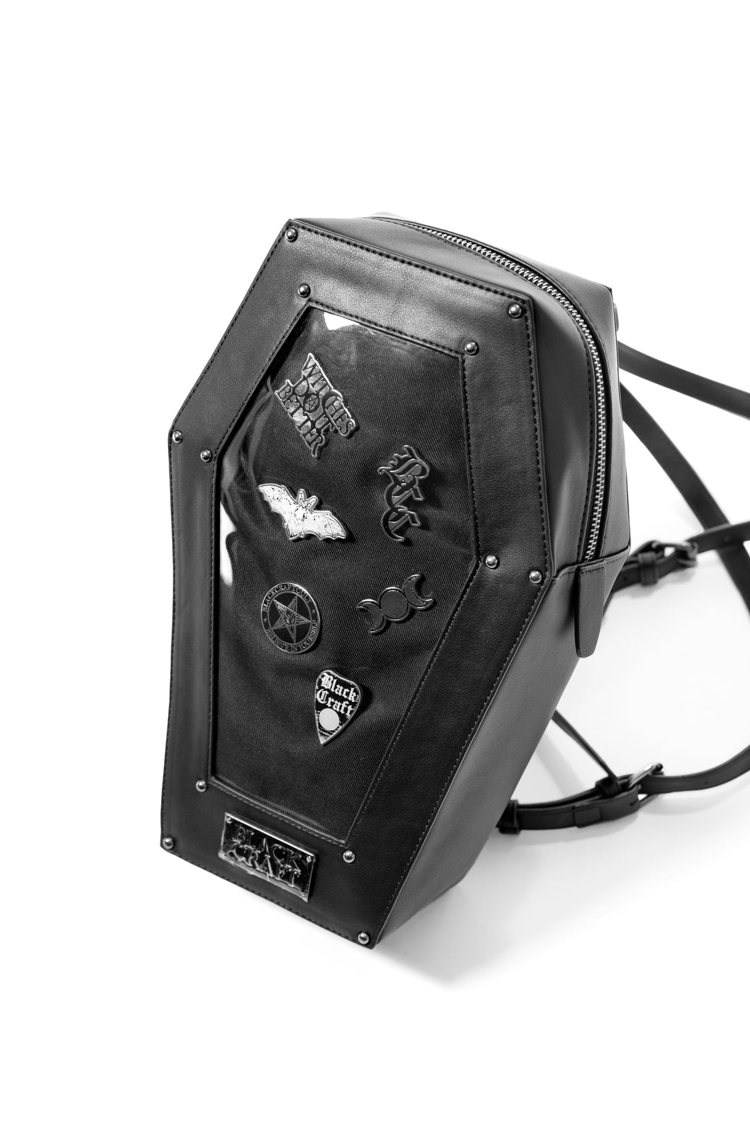 Black faux leather coffin shaped backpack with a Pin Collecting Window. 