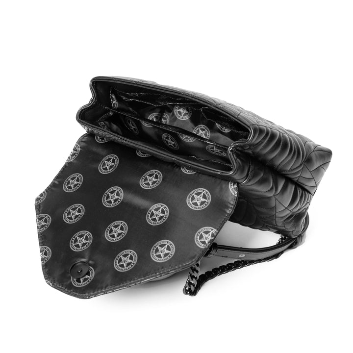 Black spider web inspired shoulder bag with adjustable strap. 