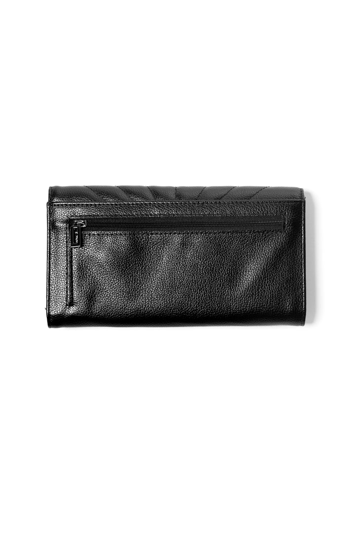 Black faux leather wallet that doubles as a clutch.