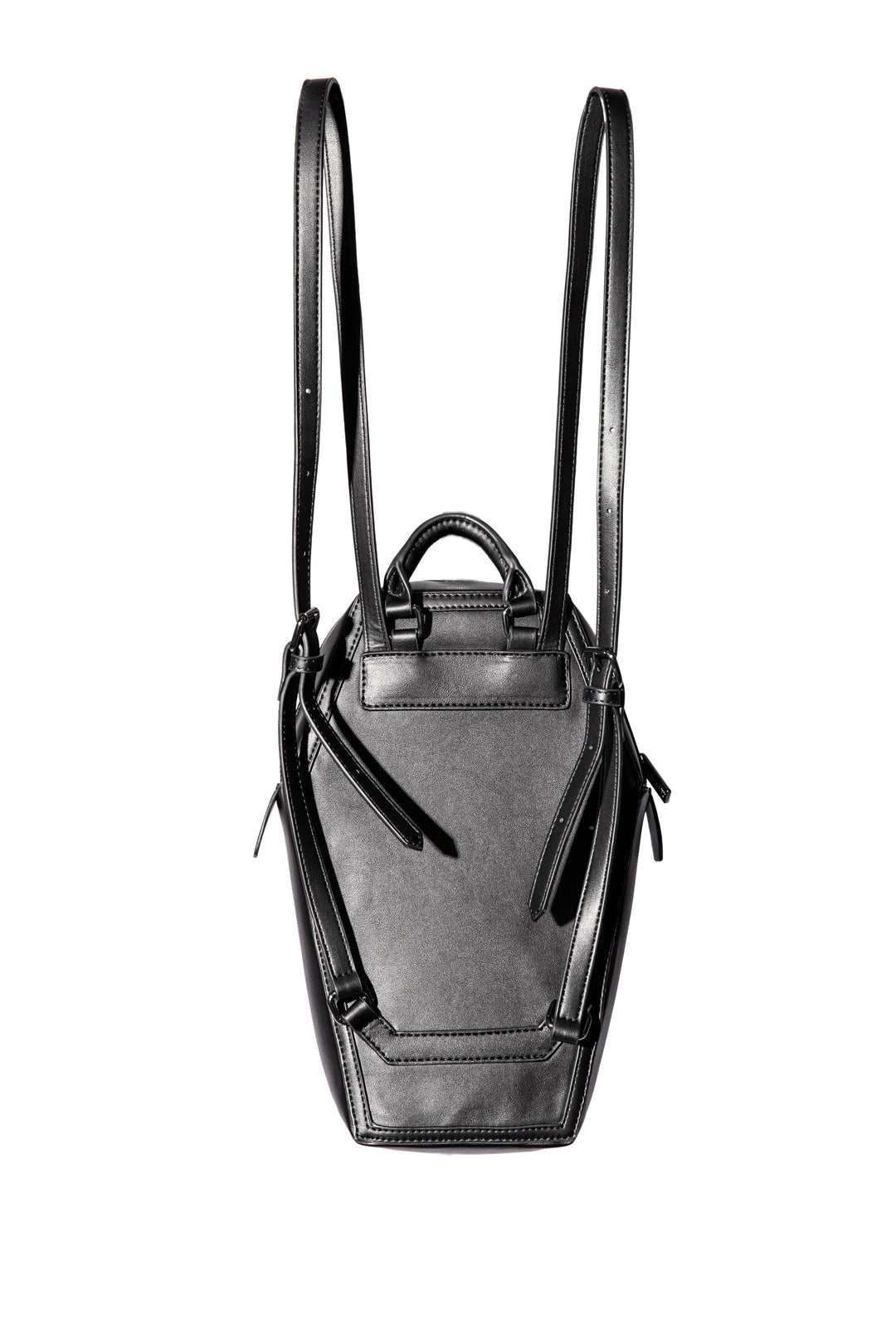 Black faux leather coffin shaped backpack with Never Trust the Living embossed on front. 
