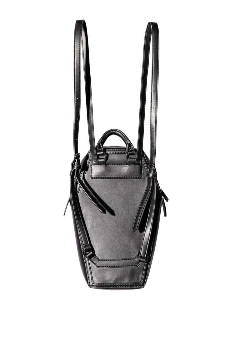 Black faux leather coffin shaped backpack with Never Trust the Living embossed on front. 