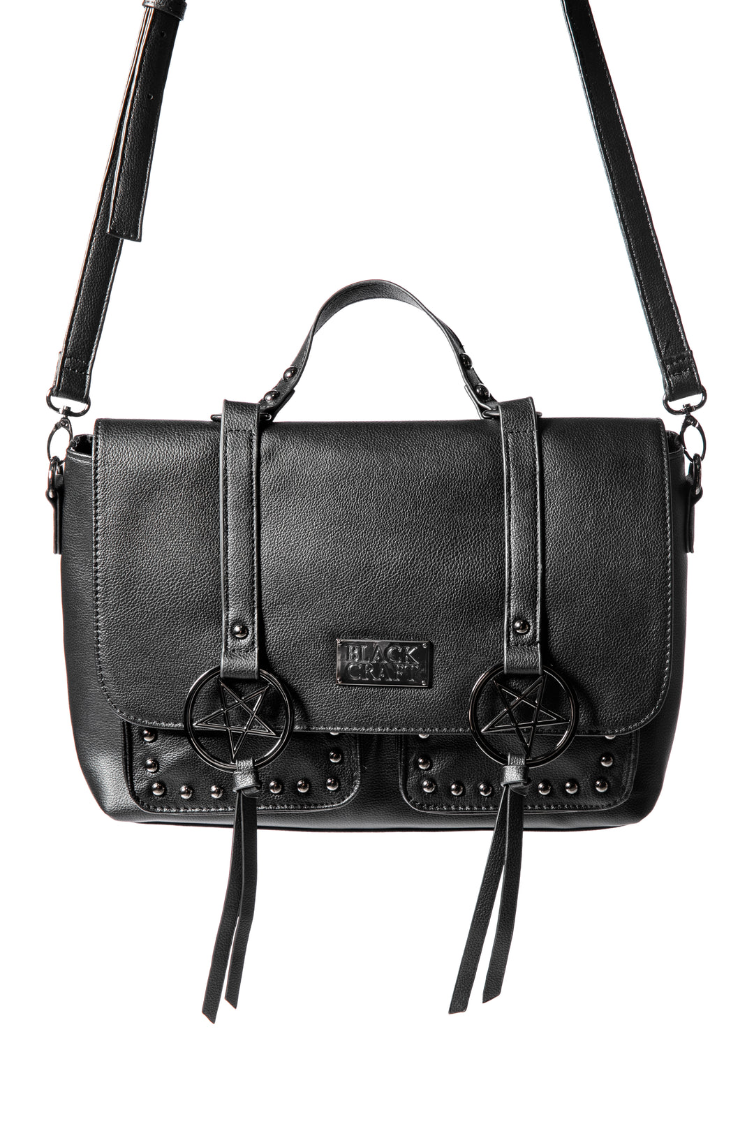 Black faux leather messenger bag with gunmetal finish pentagrams and Blackcraft logo plaque. 