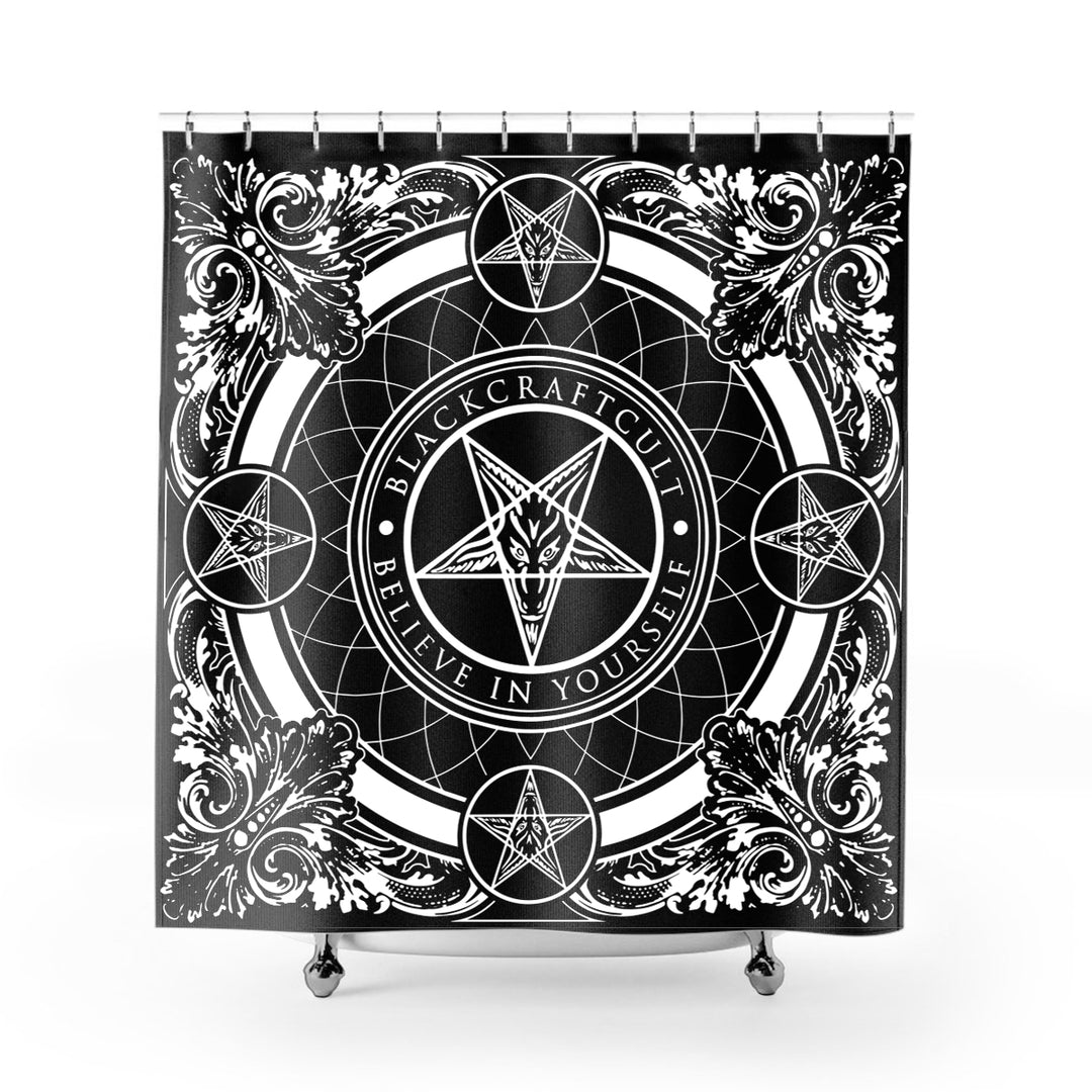 A gothic black and white shower curtain from Blackcraft