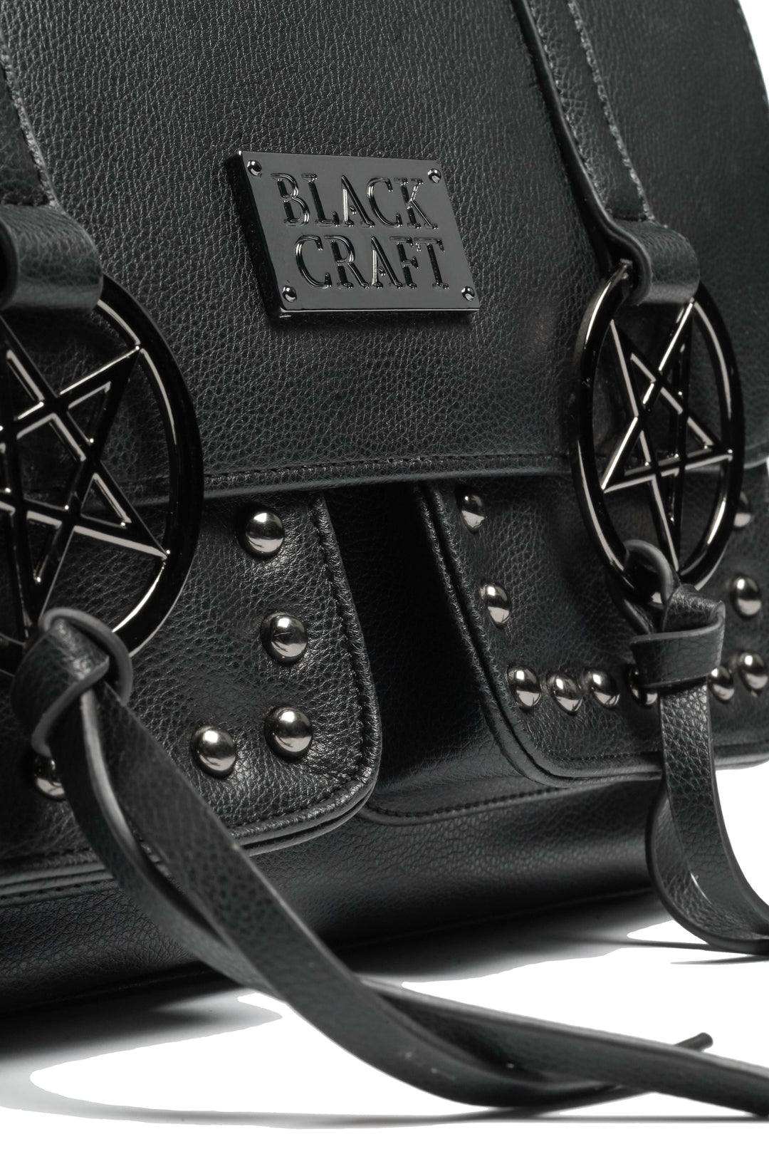 Black faux leather messenger bag with gunmetal finish pentagrams and Blackcraft logo plaque. 