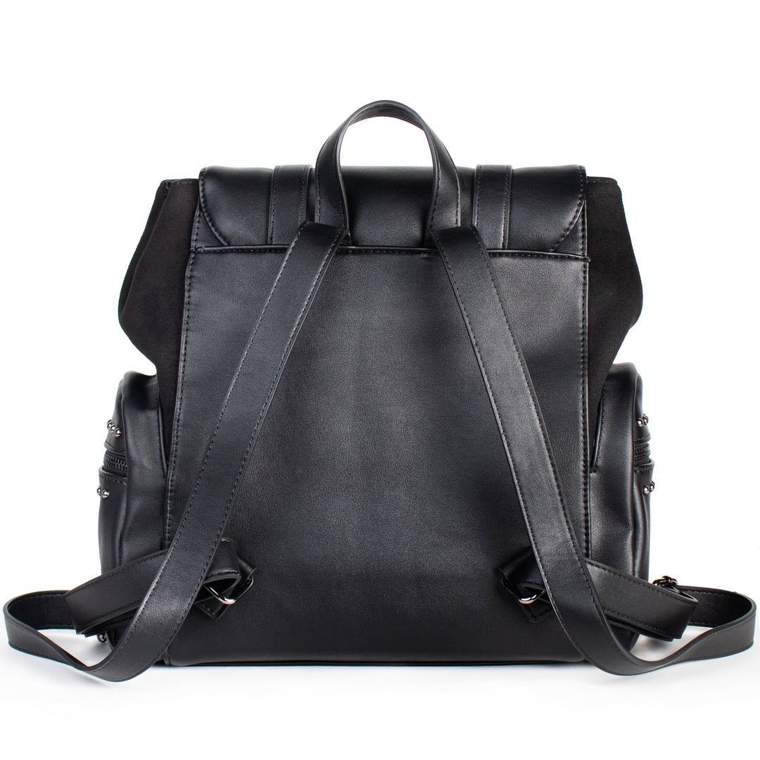 Black backpack with adjustable straps, faux suede detail on front slit pocket and gunmetal finish hardware.